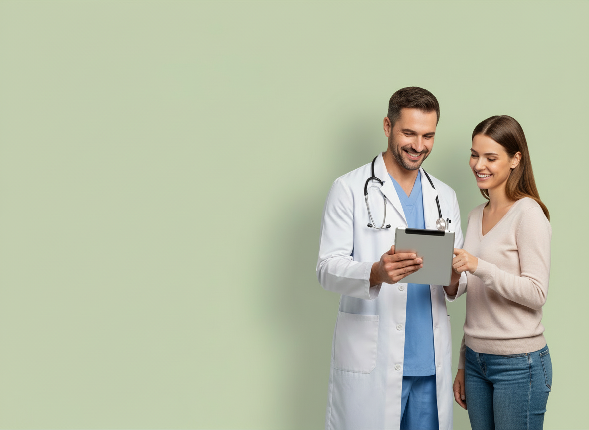Doctor și pacientă în timpul unei consultații medicale într-o clinică modernă din Cluj, discutând planul de tratament pe o tabletă; imagine panoramică cu spațiu liber în partea stângă pentru text publicitar PlusCredit.