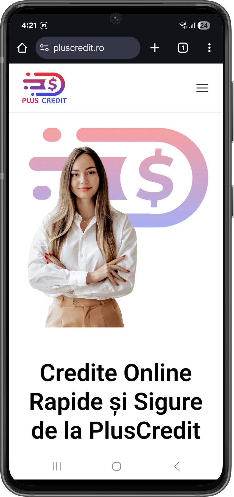 Ecranul aplicației PlusCredit pe telefon Android, afișând pagina principală a site-ului - pasul 1.