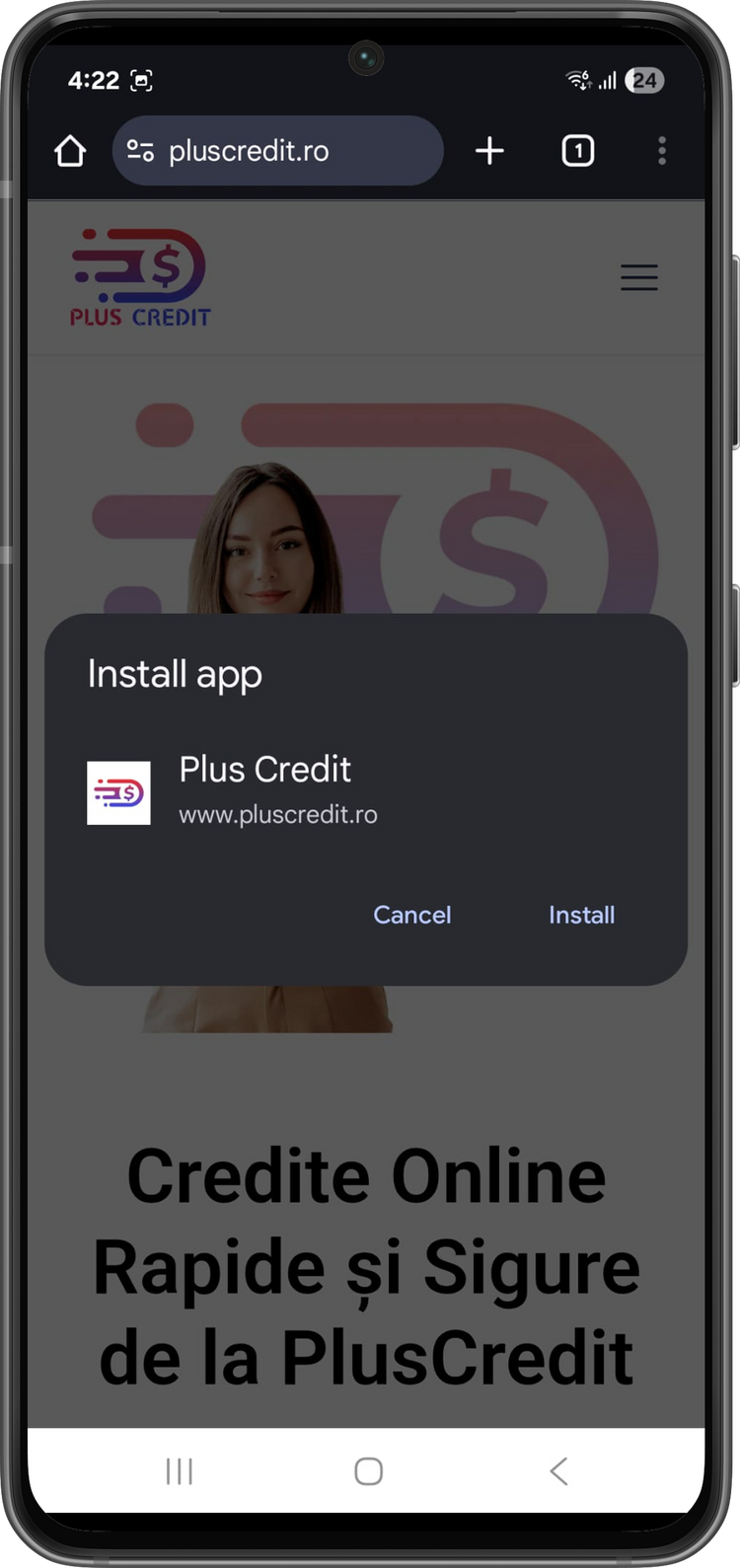 Fereastra de instalare a aplicației PlusCredit pe telefon Android, unde utilizatorul confirmă instalarea apăsând Install - pasul 3.