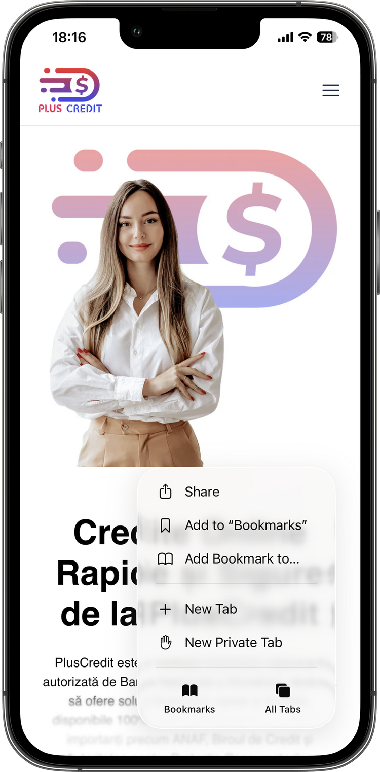 Ecranul aplicației PlusCredit pe iPhone, afișând pagina principală și meniul de partajare - pasul 1.