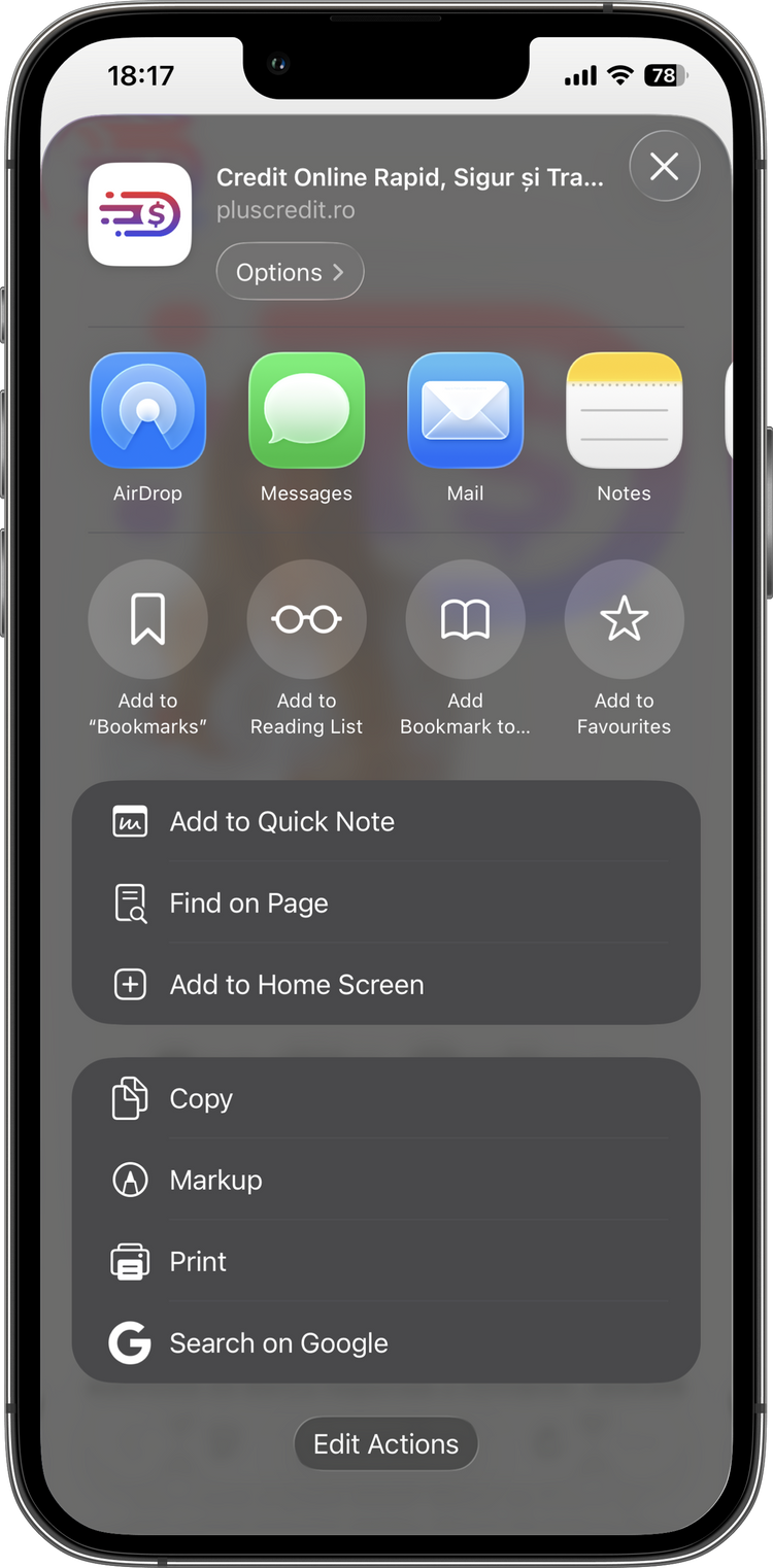 Ecranul aplicației PlusCredit pe iPhone, afișând meniul de partajare și opțiunile adăugare la ecranul principal - pasul 2.