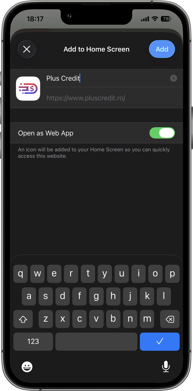 Ecranul PlusCredit pe iPhone cu opțiunea Adăugare la Ecranul Principal, unde utilizatorul confirmă instalarea - pasul 3.